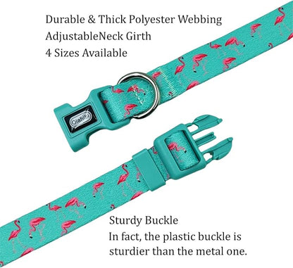 Dog Collar Leash Set, Flamingo Pattern, Polyester Material, Adjustable Collar and 5ft Matching Leash, for Medium Dogs.(M, Green Flamingo)