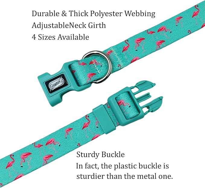 Dog Collar Leash Set, Flamingo Pattern, Polyester Material, Adjustable Collar and 5ft Matching Leash, for Small Dogs.(S, Green Flamingo)