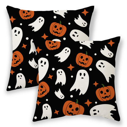 Halloween Pillow Covers 22x22, Cream Spooky Ghost Black Decorative Throw Pillows for Couch, Burnt Orange Pumpkin Decor Cushion Cover 2 Pcs Autumn Fall Outdoor Linen Pillowcase for Bed Car Safa