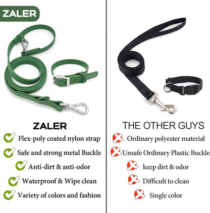 ZALER Dog Collar and Leash Set, Waterproof Adjustable Odor Proof Pet Collars Leashes Easy to Clean, 6FT Dog Leash with 2 Hooks for Large, Medium Small Dogs (L, Green)