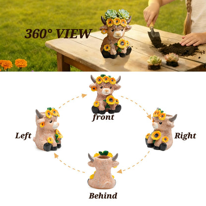 Cute Highland Cow Planter, 4.13 inch Resin Succulent Pot, Animal Planter with Drain, Mini Cows Flower Pots, Storage Containers for Outdoor Indoor Backyard Balcony Planters Home Garden Decor Gifts