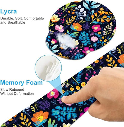 Keyboard Wrist Rest and Mouse Wrist Rest Pad with Cup Coaster,Made of Memory Foam,Ergonomic Support,Easy-Typing and Pain Relief,for Gaming Office Home Computer,Blooming Flower