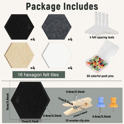 16Pcs Hexagon Felt Cork Board Tiles Self Adhesive Hexagon Wall Tiles with 60 Push Pins 20 Wooden Clips DIY Bulletin Board Pin Boards for School Office Home Photos Memos Display (Black Grey)