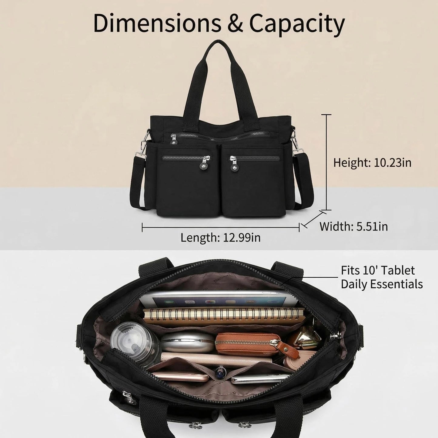 Lamprod Crossbody Aesthetic Tote Bag with zipper Shoulder Messenger School Bag Work Large multi pocket Tote Bag for Women Nylon Purse Casual Travel Handbag Commuter Tote(Black