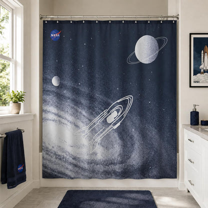 DRIFTED ROOT NASA Licensed Shower Curtain Set, Starlane Drift Spiral Galaxy Rocket Design, Space Poster Art, Oxford Cloth, Bathroom Hotel Decor (Starlane Drift-Black/Gray, 72" W x 72" L (Pack of 1))