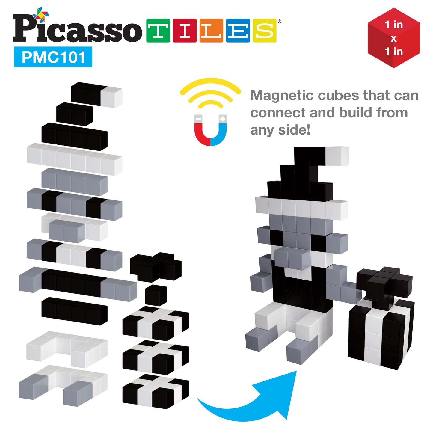 PicassoTiles 101pc Magnetic Puzzle Cube Set Black and White 1 Inch Construction Blocks STEM Educational Toy for Kids Age 3 Plus Sensory Learning Kit with Idea Book for Building and Creativity PMC101