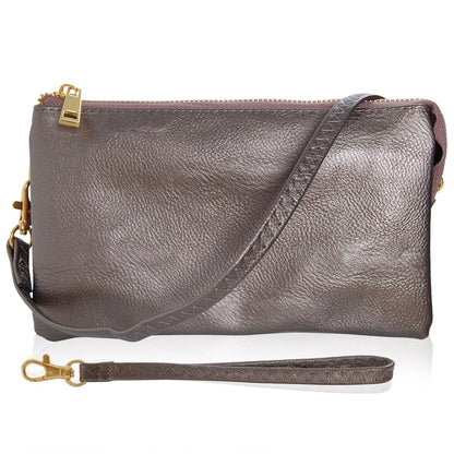 Clutch Purse Wristlets for Women - Dark Silver Vegan Leather Clutch Purses for Women, Metallic Gunmetal Crossbody Small Wristlet Wallets, Bronze Crossbody Handbag, Vegan Leather Bag with Wrist Strap