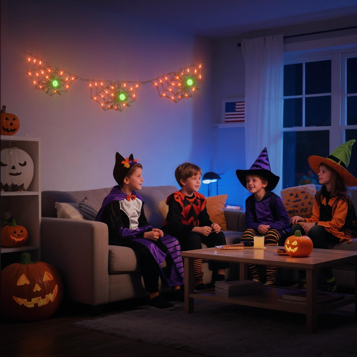 Halloween Decorations Spider Web Lights - 52.8 Inch/4.4 ft Connected Cobweb with Scary Spiders, 54 Orange & 3 Green LEDs, Timer Function, Lighted Spider Nets for Indoor Ourdoor Yard Patio
