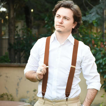 PAPA LEGGENDA Brown Suspenders for Men Heavy Duty Adjustable Elastic Shoulder Straps with 4 Super Strong Metal Clips Perfect for Comfort and Style Mens Suspenders
