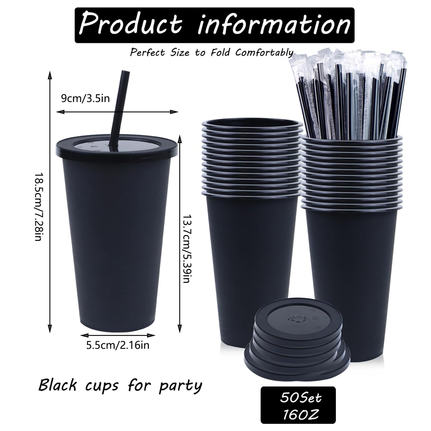 Ahongwenxi 50 Pack Black Plastic Cups with Lids and Straws, 16 oz Disposable Plastic Tumblers Iced Coffee Cups Travel Mug Cup for Juices Halloween Birthday Bachelorette Party Wedding (Black, 16 oz)
