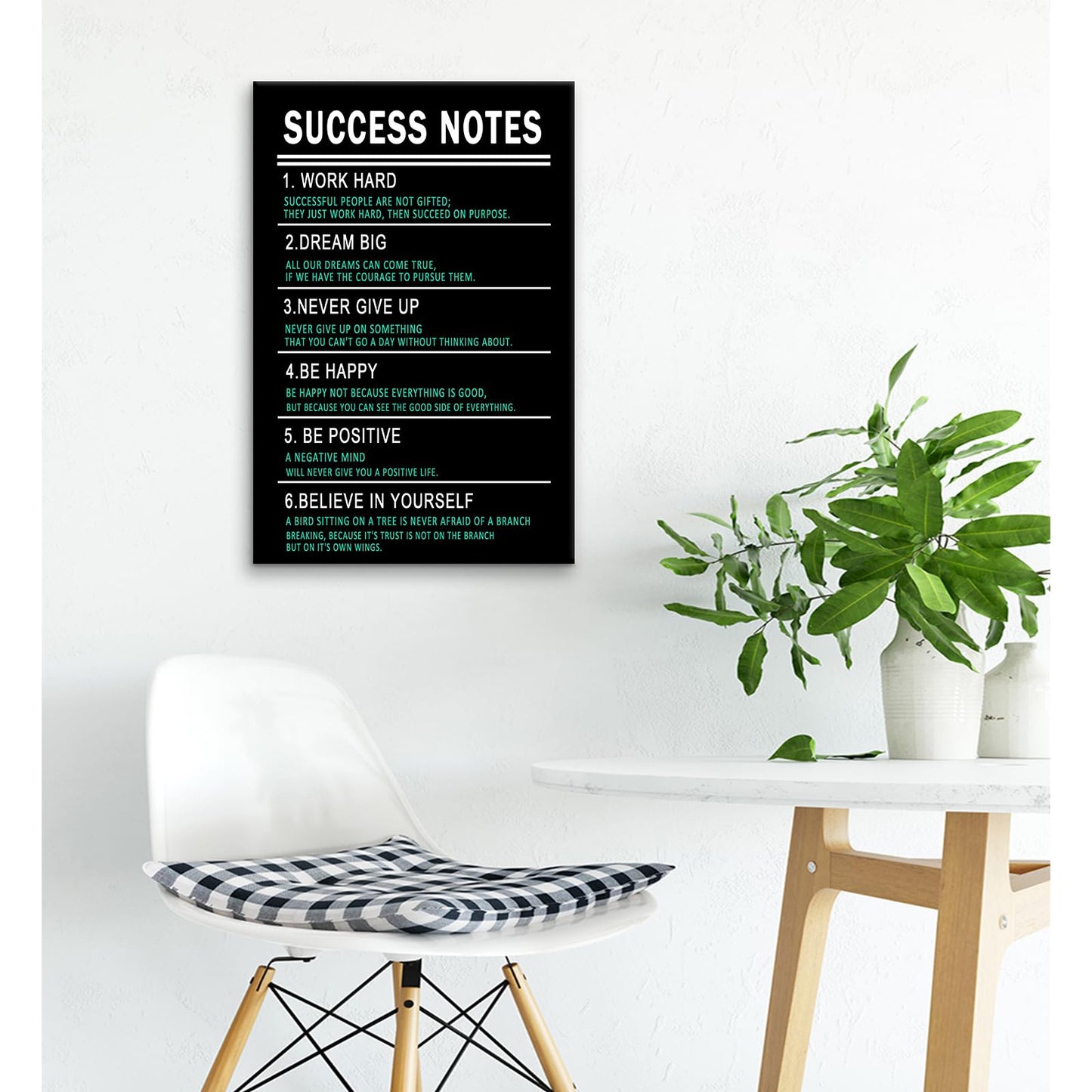 PSYYSP Success Notes Motivational Wall Art Framed Success Quote Canvas Print Inspirational Office Decor for Entrepreneurs Students Study Room Modern Minimalist Black Green Poster 18x12 Inch