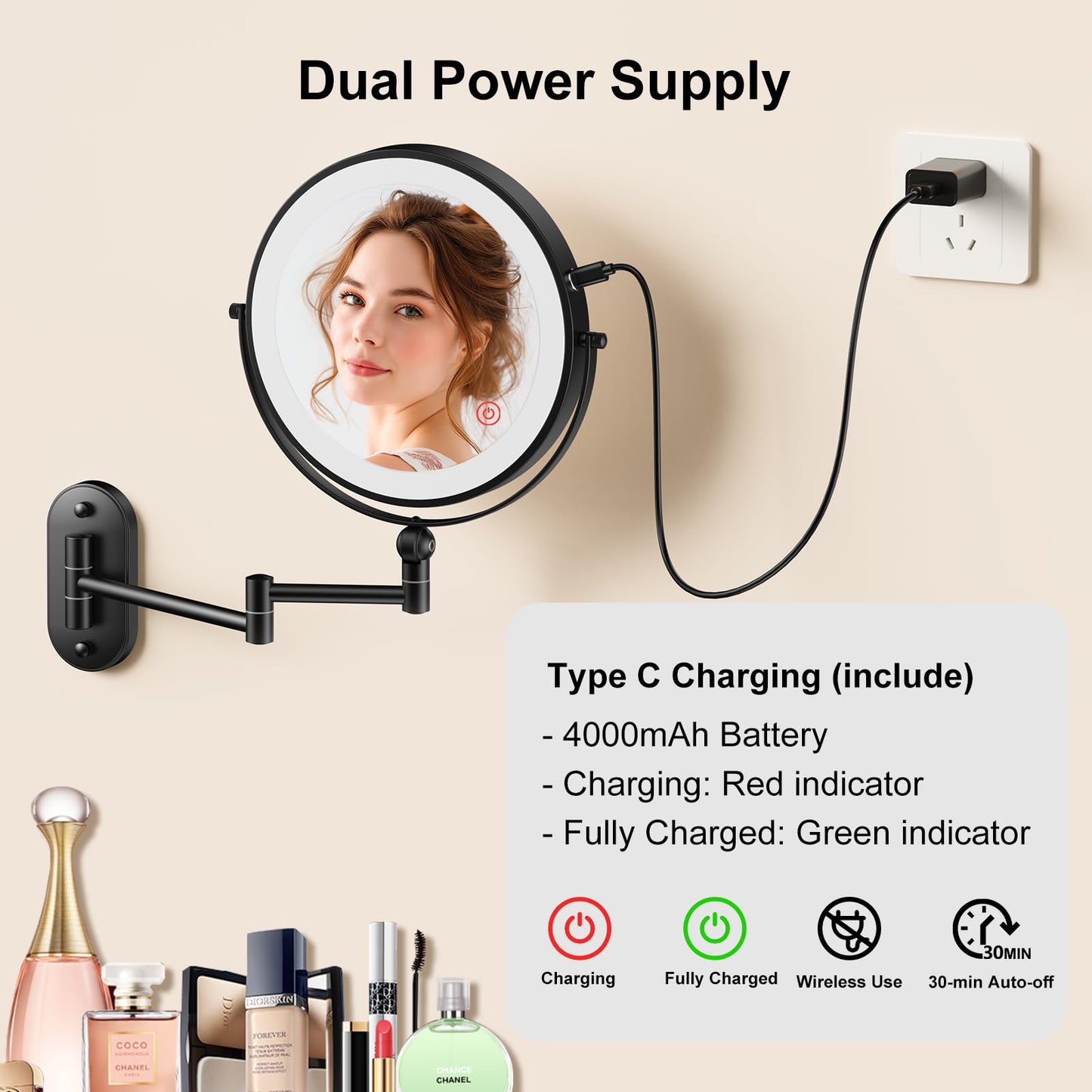 9" Wall Mounted Lighted Makeup Mirror,4000mAh Rechargeable Double Sided 1X/10X Magnifying Mirror with Light,3 Color Lights,Touch Dimmable,Extended Arm 360 Rotation Wall Mounted Makeup Mirror