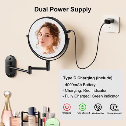 9" Wall Mounted Lighted Makeup Mirror,4000mAh Rechargeable Double Sided 1X/10X Magnifying Mirror with Light,3 Color Lights,Touch Dimmable,Extended Arm 360 Rotation Wall Mounted Makeup Mirror