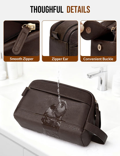 Celvetch PU Leather Toiletry Bag for Men - Water Resistant Travel Bag for Toiletries, Bathroom Essentials, Accessories - Dark Brown