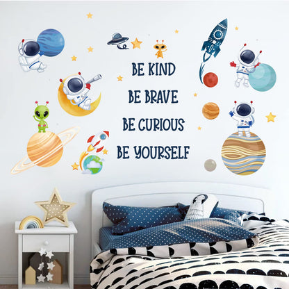 wondever Planets Outer Space Wall Stickers Be Kind Be Brave Inspirational Quote Astronaut Peel and Stick Wall Art Decals for Baby Nursery Kids Bedroom Playroom