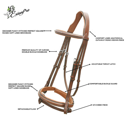 Exion Anatomical Snaffle Jumping Bridle for Horses with Removable Flash Noseband & Rubber Reins – Premium Vegetable-Tanned Leather, Brass Buckles, Padded MonoCrown, Designer Stitching
