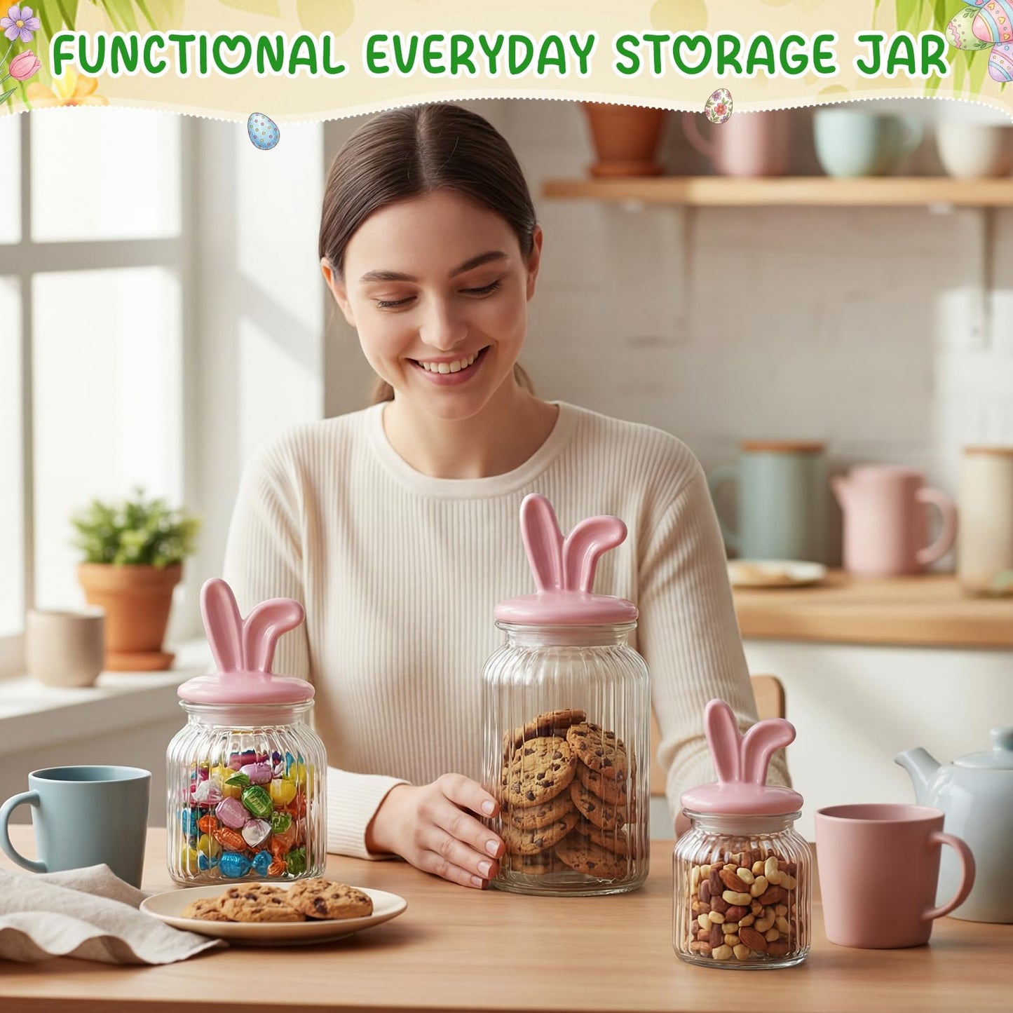 Potchen Easter Glass Jars with Airtight Lids Set of 3, 22oz, 34oz & 44oz Large Cookie Jar Set, Clear Candy Storage Canisters for Easter Party Gift Table & Countertop Decoration