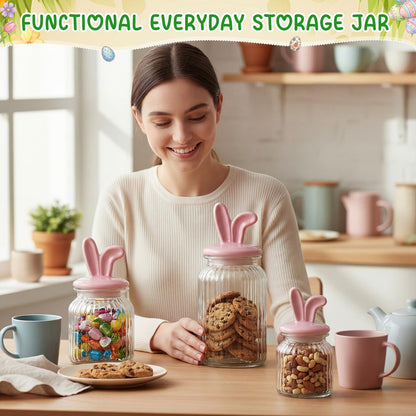 Potchen Easter Glass Jars with Airtight Lids Set of 3, 22oz, 34oz & 44oz Large Cookie Jar Set, Clear Candy Storage Canisters for Easter Party Gift Table & Countertop Decoration