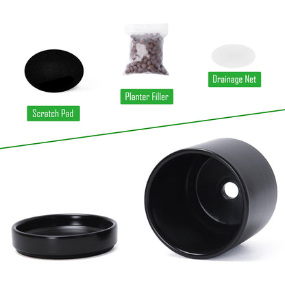 D'vine Dev Set of 4 Small Ceramic Plant Pots, 4.7 Inch Succulent Planter Pot for Plants with Drainage Hole and Saucer, Black, 94-X-B-2
