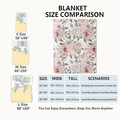 Floral Blanket,Vintage Pink Rose Throw Blankets,Birthday Gifts for Women & Flower Lovers,Lightweight Soft Fleece,for Picnic Sofa Couch Bed Room Travel,Modern Romantic Decor,60x80in