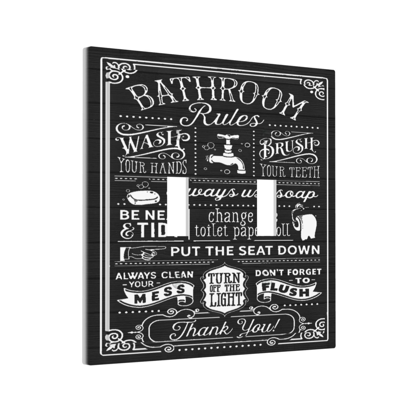 Family Funny Bathroom Rule Decorative Double Toggle Outlet Switch Wall Plate Home Western Bath Tub Toilet Washroom Inspirational Quote 2-Gang Light Switch Cover Electrical Receptacle Face Plate Cover