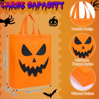 Sanwuta 48 Pcs Halloween Tote Gift Bags 14.9 x 11.8 Large Treat or Trick Pumpkin Reusable Non Woven Candy Goodies Bag for Halloween