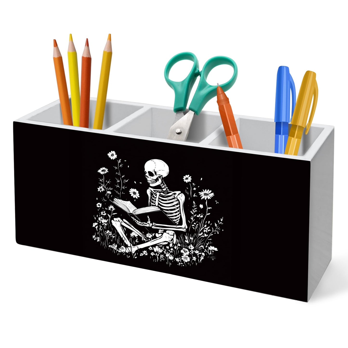 HUKINE Gothic Skeleton Bookish Pen Holder for Desk Decoration, Witchy Gothic Skull Reading Book Wooden Box Sign Pencil Holder Organizer for Home Office Desk Accessories, Book Lover Gifts