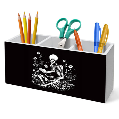 HUKINE Gothic Skeleton Bookish Pen Holder for Desk Decoration, Witchy Gothic Skull Reading Book Wooden Box Sign Pencil Holder Organizer for Home Office Desk Accessories, Book Lover Gifts