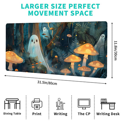 ainori Enchanted Forest Ghost Gaming Mouse Pad – 12x31.5in Non-Slip Rubber Desk Mat with Mystical Mushroom Design – Large Extended Mousepad for Office Home – Gift for Fantasy & Halloween Decor