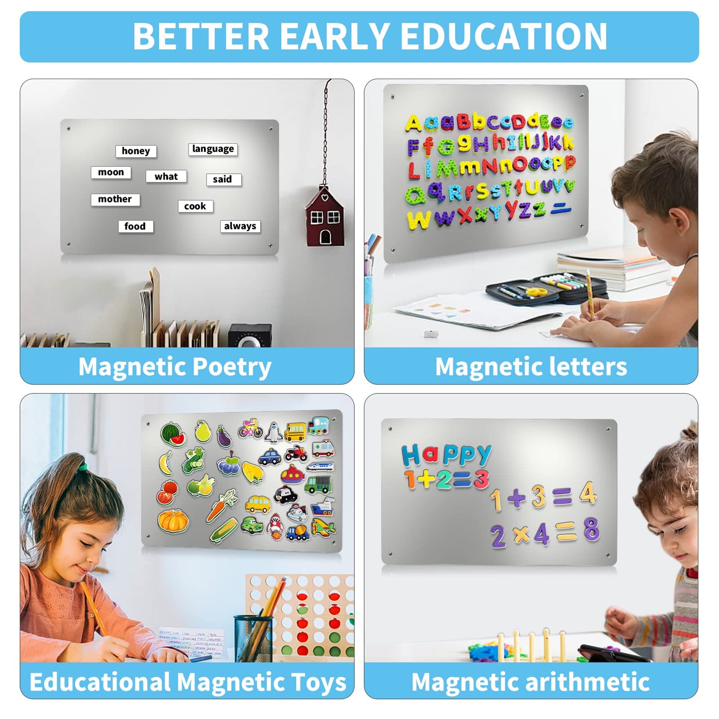 2Pack Magnetic Board,17.1" x 11.8" Magnet Display,for Magnets and Bulletin Board,Suitable for Wall, Refrigerator, Compartment, Cabinet etc,Comes with Dual Lock Tape for Easy Hanging (Silver)