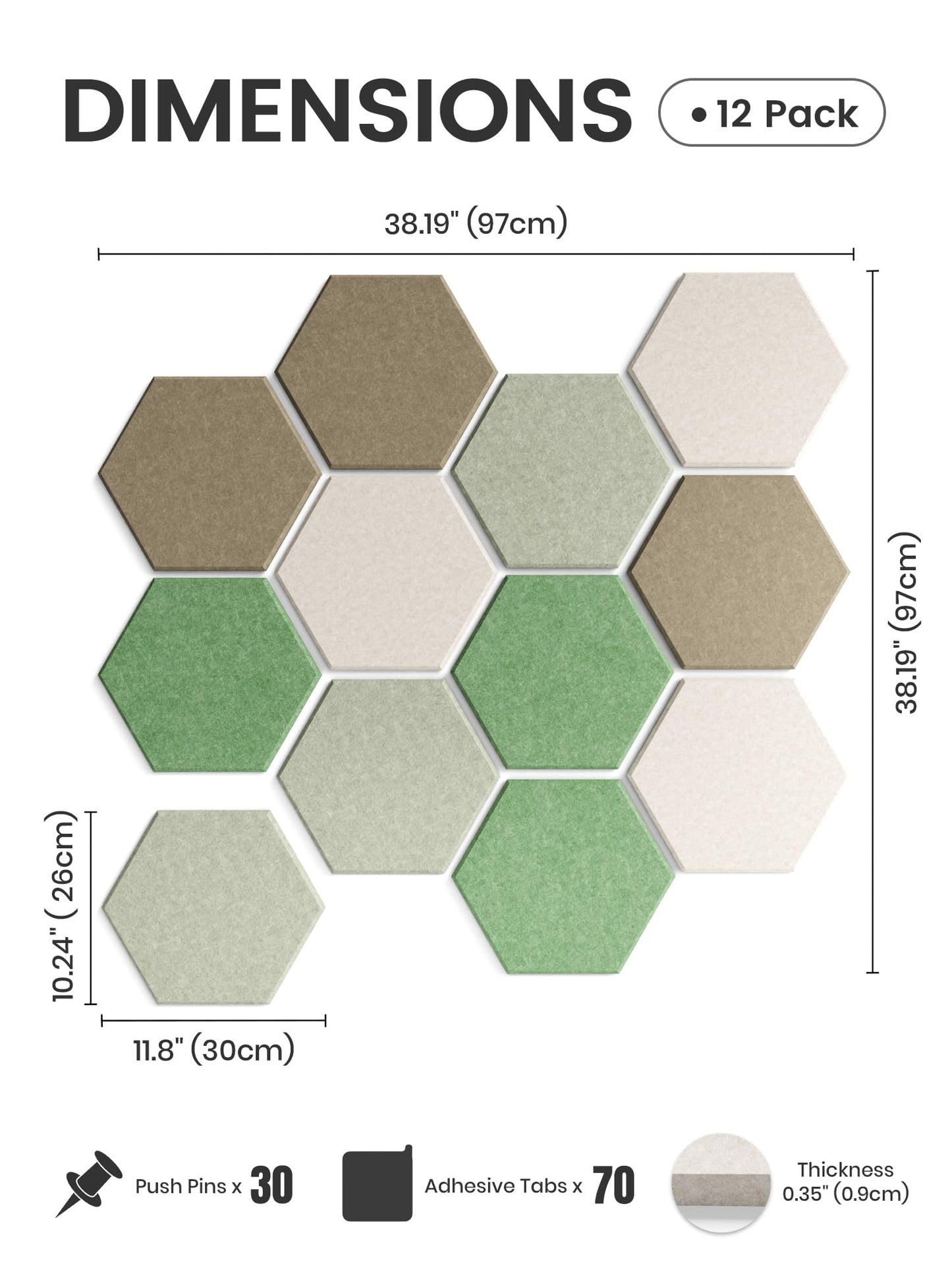 Fluxynara Hexagon Cork Board Alternative for Walls Decor-12-Pack Felt Bulletin Board Tiles,with 30 Pushpins,70 Adhesive Tabs for Office,Classrooms & Home Pin Board Felt Board-Moss Haven