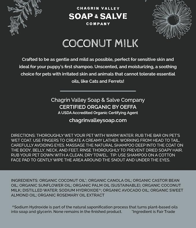 Chagrin Valley Soap & Salve Certified Organic Dog Shampoo and Conditioner – Dog Shampoo Itchy Skin Relief and Puppy Essentials - Natural Handmade Coconut Milk, 3.8 oz Bar