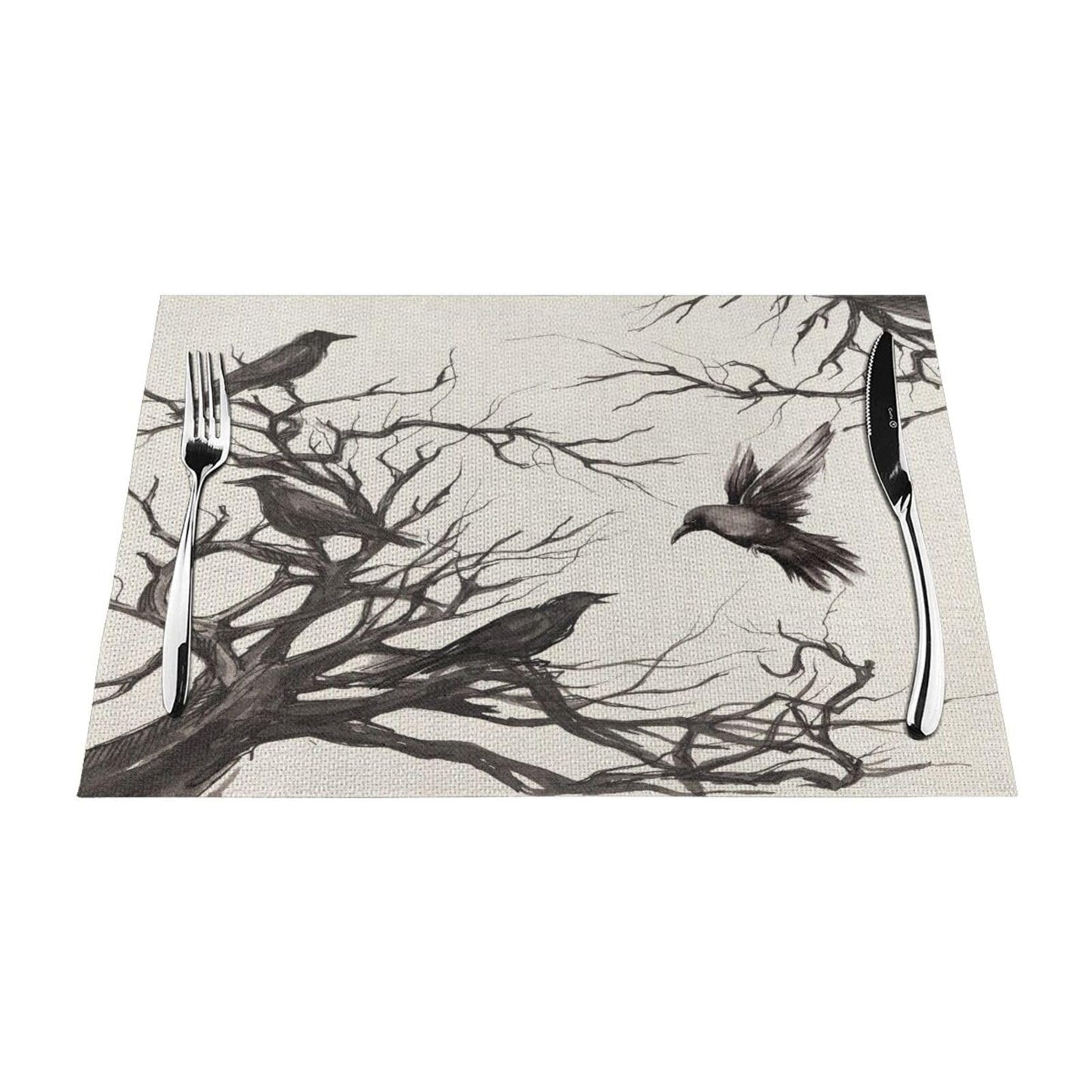 Halloween Placemats 12x18 Inches Set of 4,Black Crows Decorative Rectangle Autumn Halloween Decoration Fall Linen Black Table Mats for Party,Home Kitchen,Dining Table Decorn