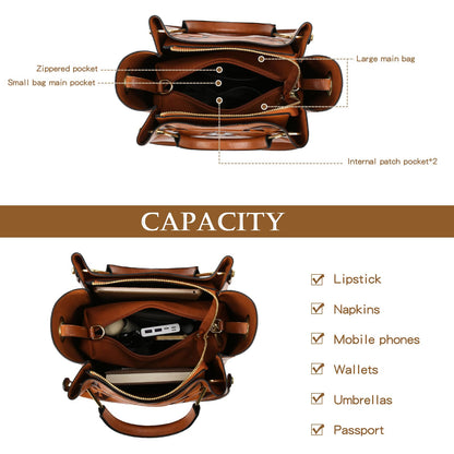 Travistar Floral Handbags and Purses Women - Retro Embossed Leather Top Handle Handbag Set Large Women's Shoulder Bag Trendy Hobo Purse Ladies Bucket Satchel Bags Chic Work Tote with Pouch Brown