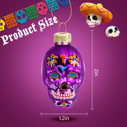 12 Pcs Day of The Dead Glass Ornaments- Dia De Los Muertos Sugar Skull Decorations- Halloween Hanging Skeleton Head Ornaments for Parties Xmas Tree Decoration