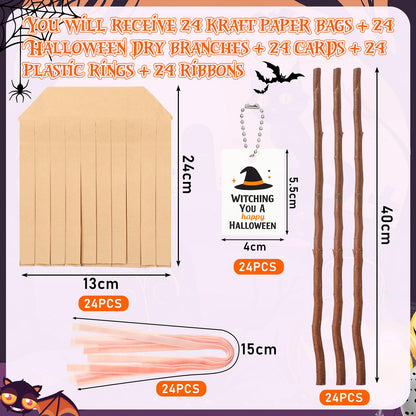 Geyoga 96 Pcs 25" Halloween Treat Bags Large Witch Broom Candy Kraft Paper Bag Set (No Need to Crop) with Pink Cable Tie, Gift Card and Real Dry Branches for Halloween Trick or Treat Party Supplies