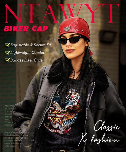 Bright Red Leather Skull Cap Adjustable - Soft Punk Biker Cap for Men Women, Classic Motorcycle Skull Cap Leather Biker Hat
