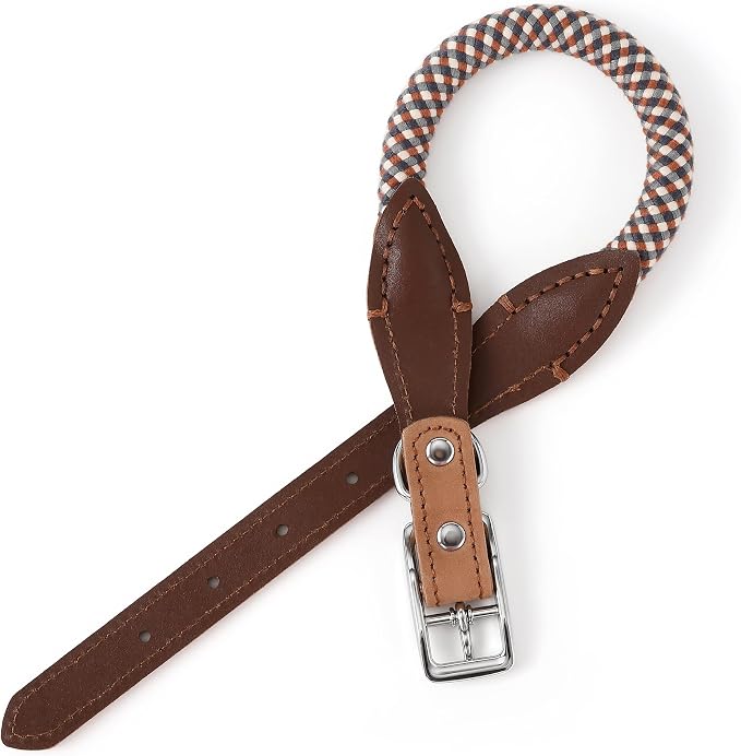 Mile High Life Genuine Leather Dog Collar, Durable Braided Cotton Rope Collar with Metal Pin Buckle for Small Medium Large Dogs (Brown Plaid, S Neck 11"-15")