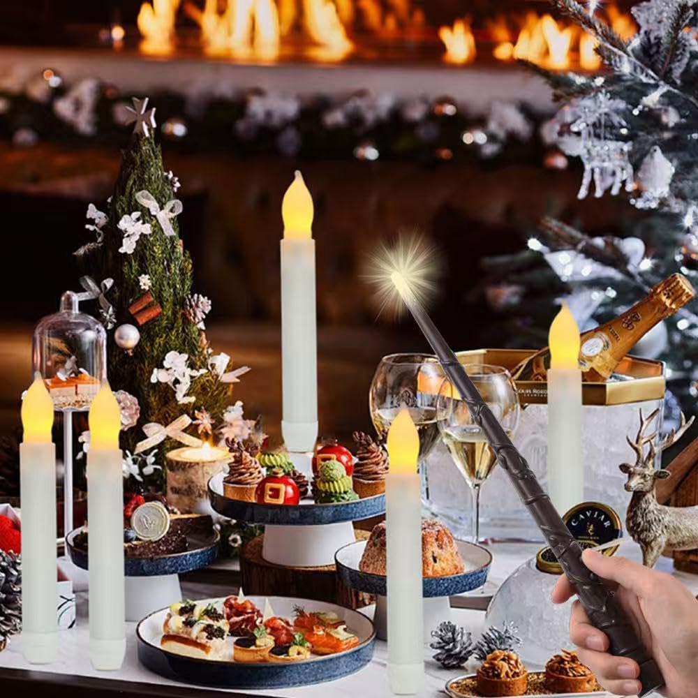 LONGSUOCHUANG Magical Floating Candles with Wand - 20 Pcs Battery Operated Flameless Candles, Realistic Warm Yellow Flickering Light with Remote for Halloween Indoor, Christmas, Home Decor