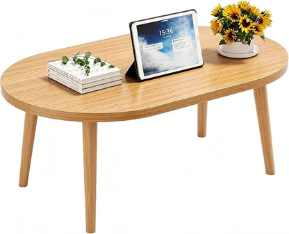 Coffee Table Low Table with Solid Wood Legs, 31.5x19.7" Large Coffee Table Side Table, Floor Table Desk for Sitting on The Floor, Living Room Furniture for Office Apartment Home, Oval Natural