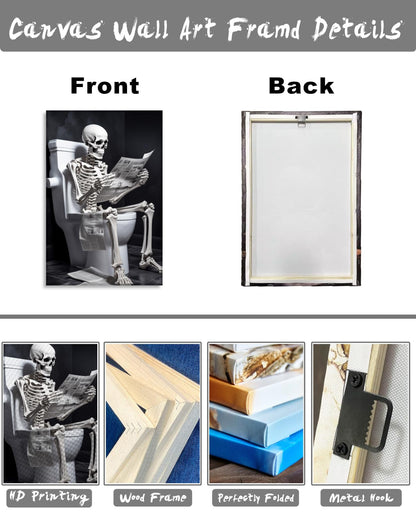 Canvas Wall Art Bathroom Decor Skeleton Sitting on Toilet Reading the Newspaper Picture Funny Skull Painting Modern Artwork for Home Decor Framed(Art-1,16.00"x24.00")