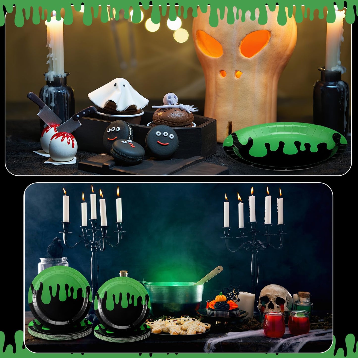 Newtay 48 Pcs Halloween Ghost Party Paper Plates Green and Black Disposable Dessert Plates Set for Kids Boys Girls Birthday Themed Party Supplies Halloween Decorations, 7 Inches and 9 Inches