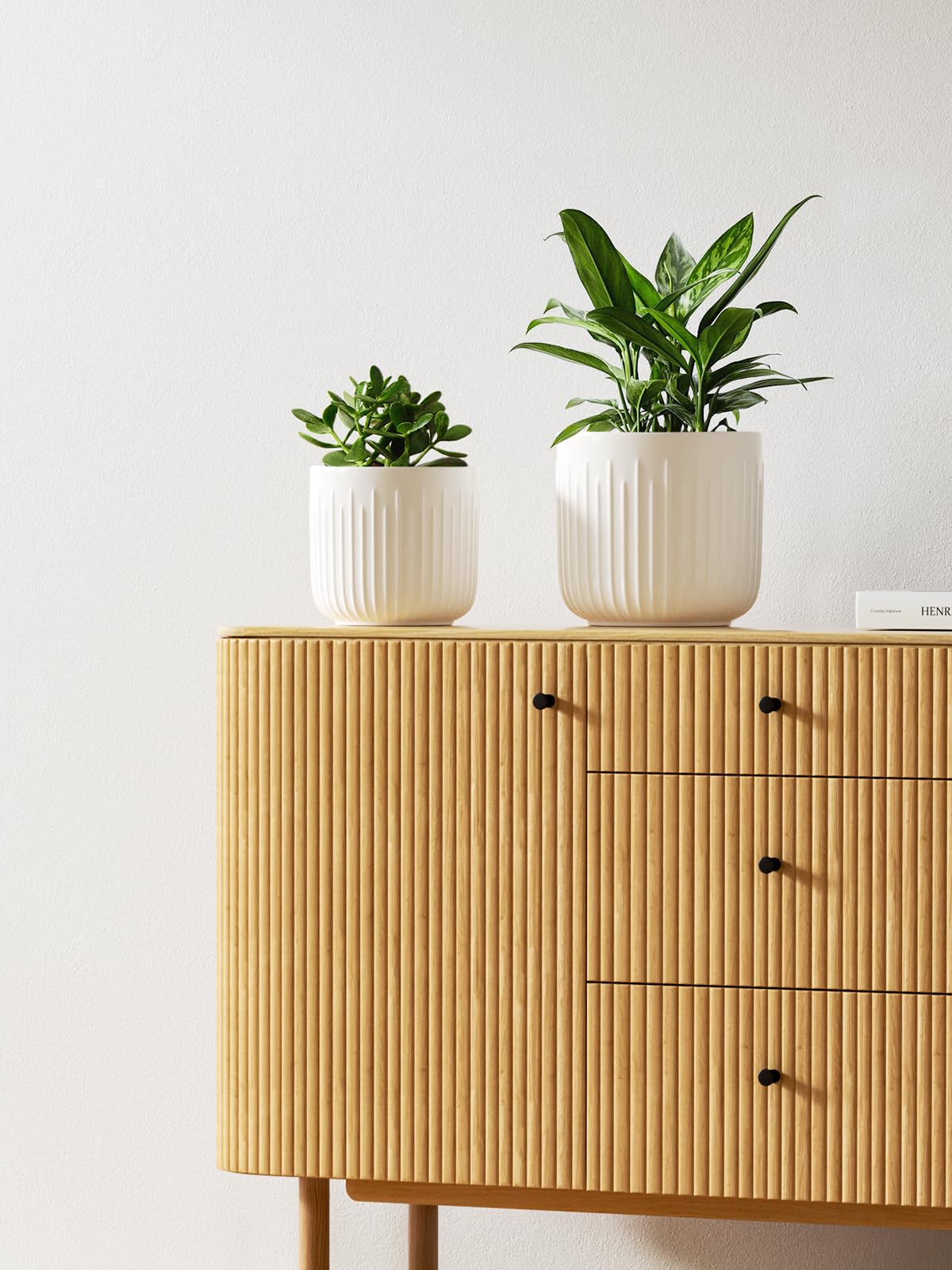 LE TAUCI Ceramic Planters, 8.3/7/6 Inch Indoor Pots for Plants with Drainage Holes & Mesh, Modern Matte Glaze Cylinder Fluted Plant Pot for Snake Plant, Set of 3, White