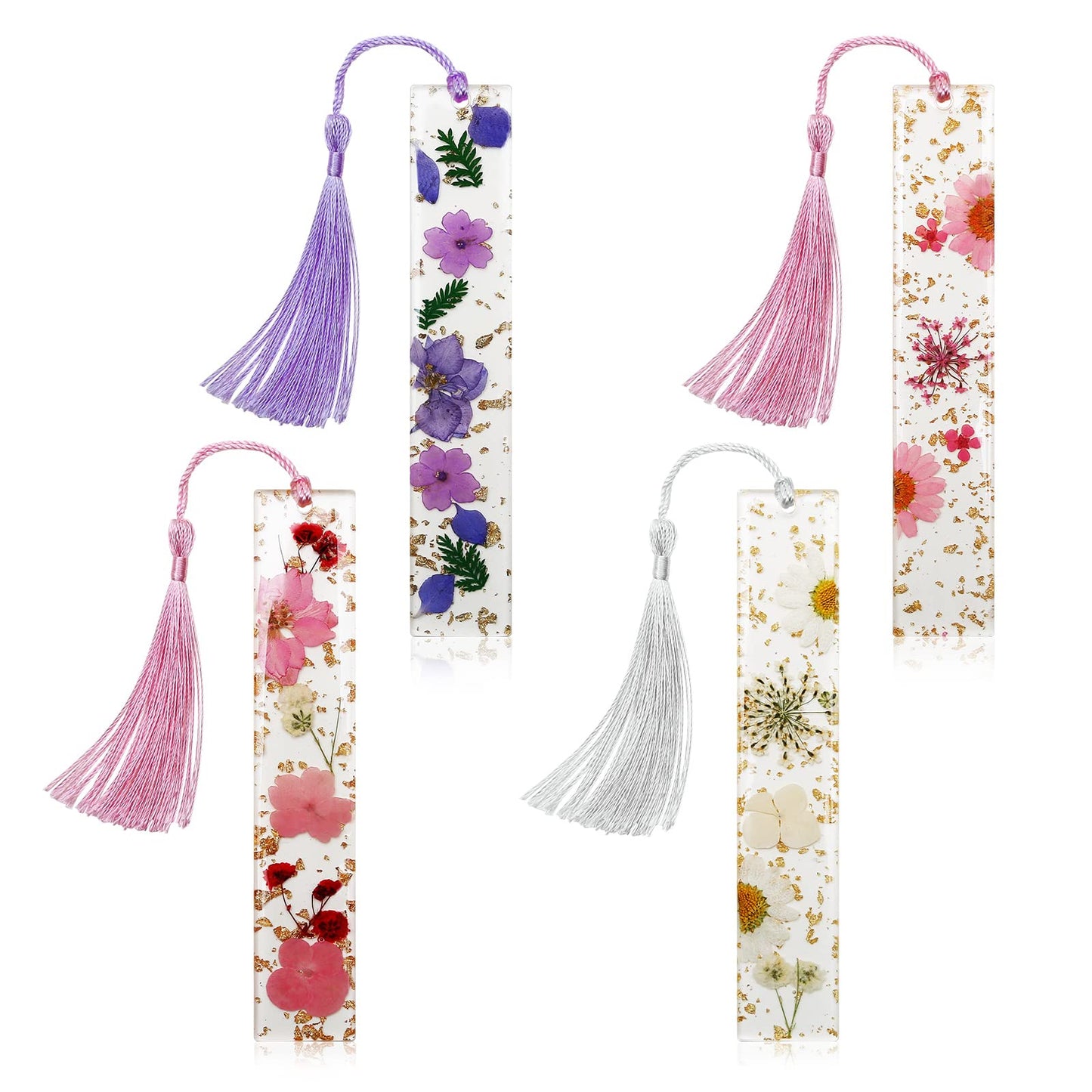 Dried Flower Bookmarks with Tassels, Kaluofan 4PCS Bookmarks for Women, Durable Handmade Dried Flower Resin Bookmarks, Pretty and Increase Reading Interest, (FB04)