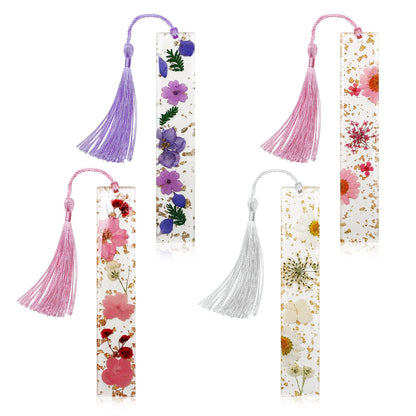Dried Flower Bookmarks with Tassels, Kaluofan 4PCS Bookmarks for Women, Durable Handmade Dried Flower Resin Bookmarks, Pretty and Increase Reading Interest, (FB04)
