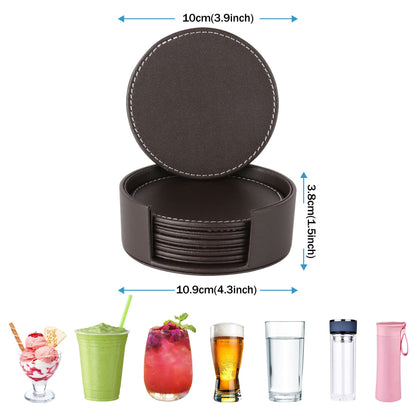 AUMISKY Leather Coasters for Drinks(6 Pack), Handmade Durable Drink Coasters Set with Holder for Tabletop Protection, Luxurious Home Décor and Housewarming Gift (Brown)