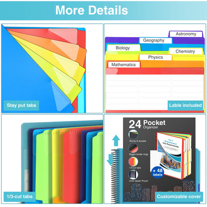 Forvencer 24 Pocket Project Organizer, 1/3-cut Tab Binder Organizer with Sticky Labels, Multi Pocket Folder with Zipper Pouch, Folder Binder Spiral Pocket Notebook, Office Supplies