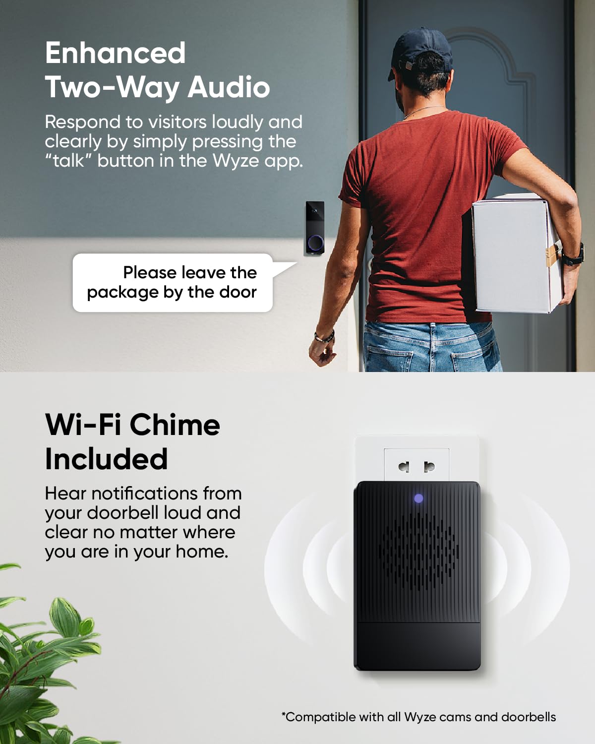 WYZE Wireless Duo Cam Video Doorbell (Chime Included), Battery Powered, 2K Full HD Video, 2 Cameras (People and Package), 2-Way Audio, Color Night Vision