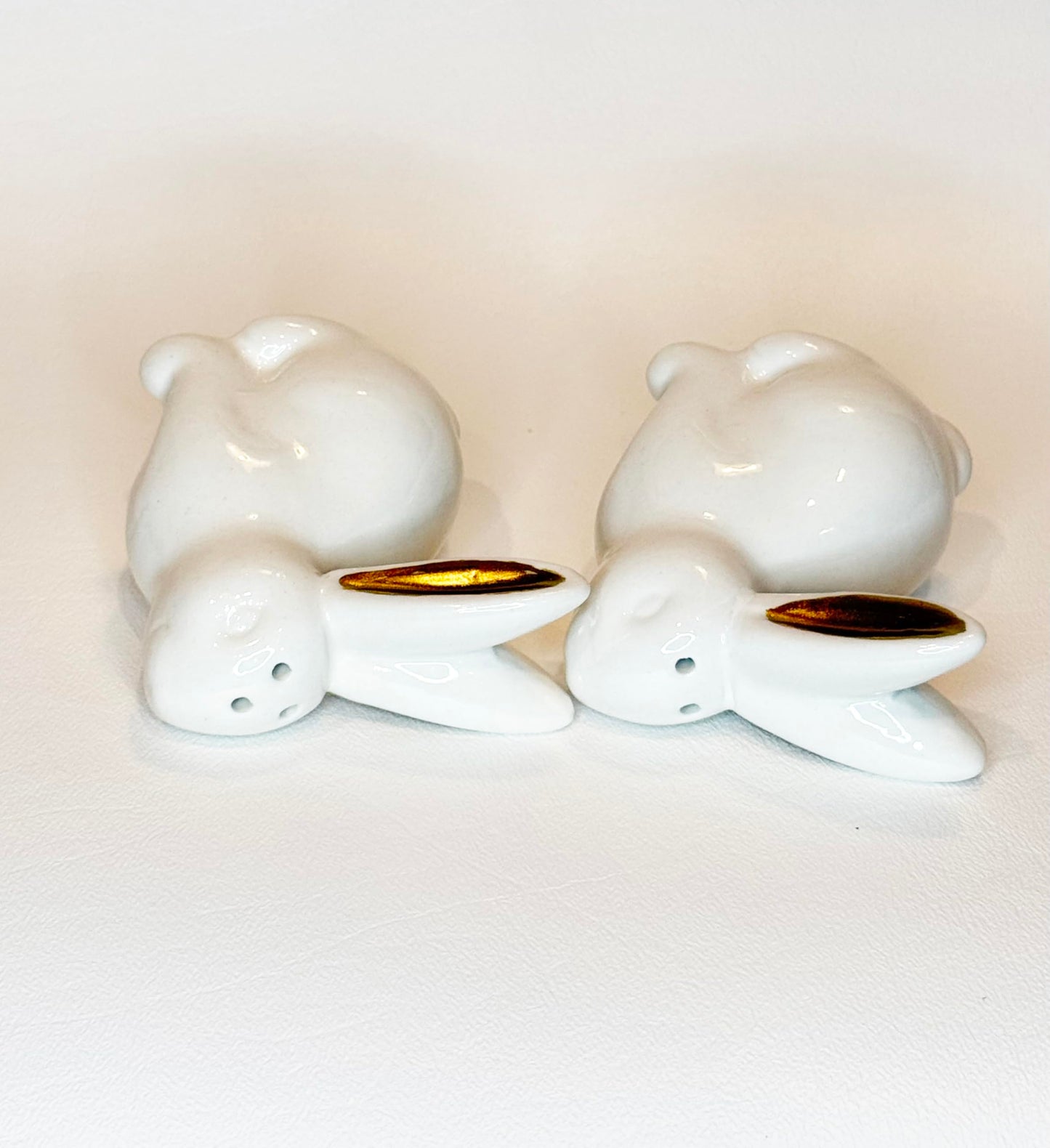 White Ceramic Easter Bunny Salt and Pepper Shaker Set with Gold Metallic Ears, 3" High, 2 Piece with Gift Box