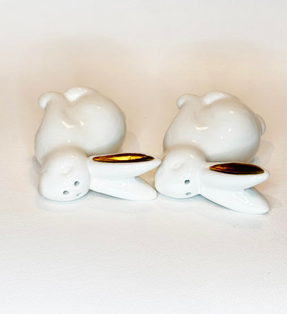 White Ceramic Easter Bunny Salt and Pepper Shaker Set with Gold Metallic Ears, 3" High, 2 Piece with Gift Box